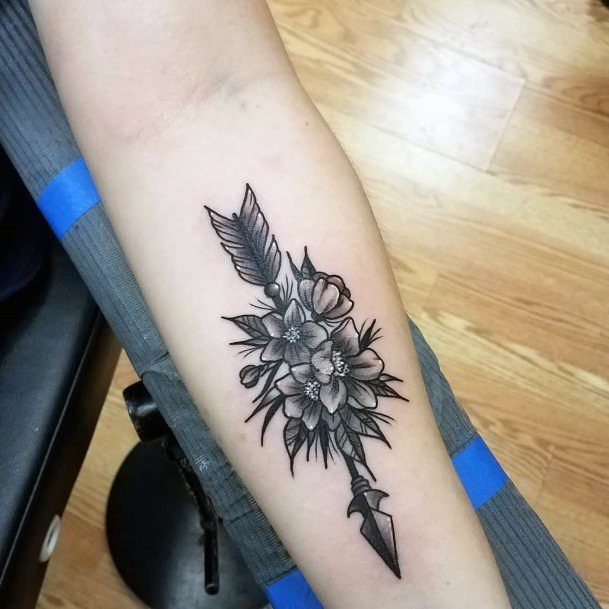 Shaded Grey And Black Flower And Arrow Tattoo Womens Hands