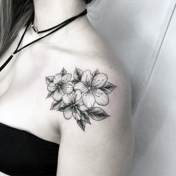Shaded Grey Cherry Blossom Tattoo Womens Shoulders
