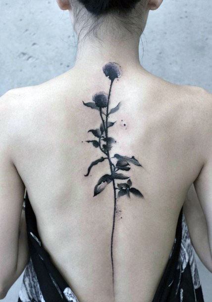 Shaded Grey Plant Tattoo Womens Spine
