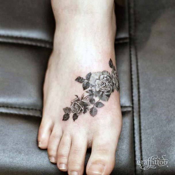 Shaded Grey Rose Tattoo Womens Foot