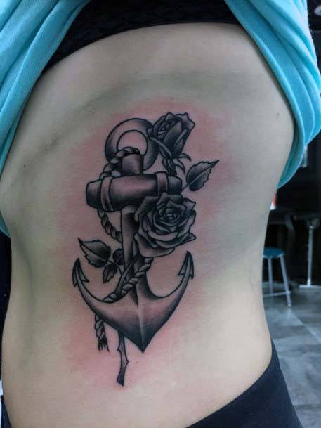 Shaded Grey Roses And Anchor Tattoo Women