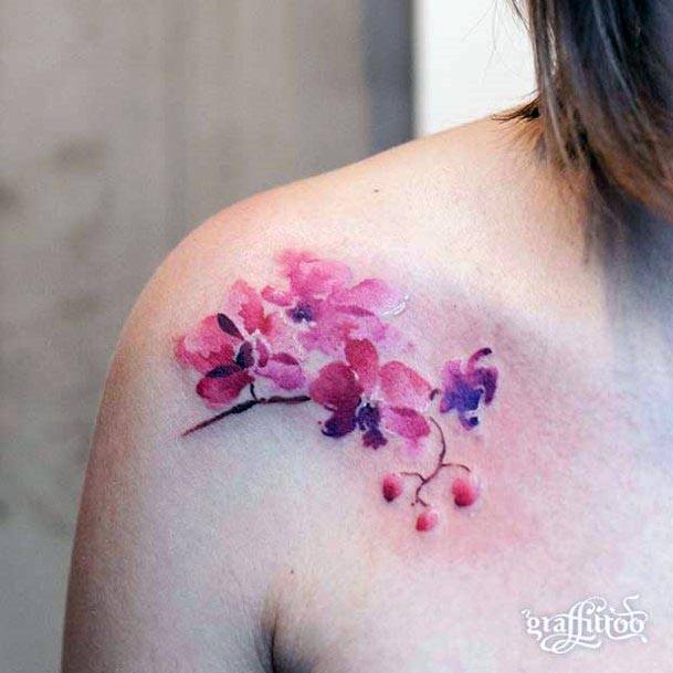 Shaded Pink Floral Tattoo Womens Shoulders