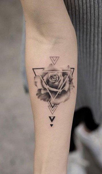 Shaded Rose And Triangular Tattoo Womens Forearms