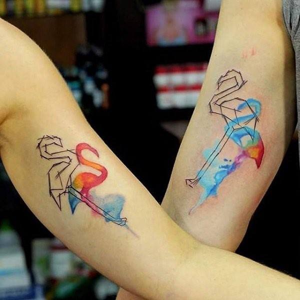 Shadowed Flamingo Couple Tattoo Forearms