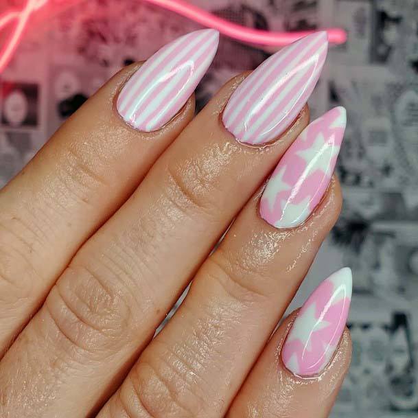 Sharp Almond Shaped Baby Pink 4th Of July Nails