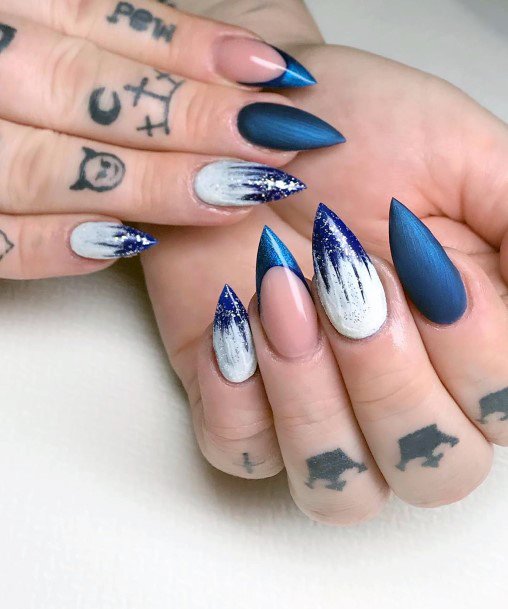 Sharp Blue And White Snow Nails Women