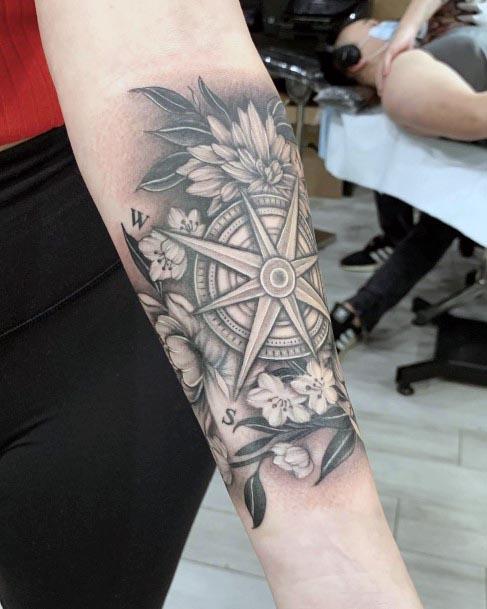 Sharp Compass Tattoo Womens Forearms