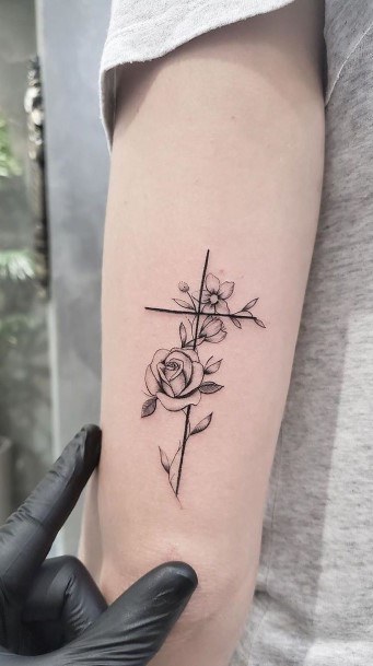 Sharp Cross And Rose Tattoo Womens Forearms