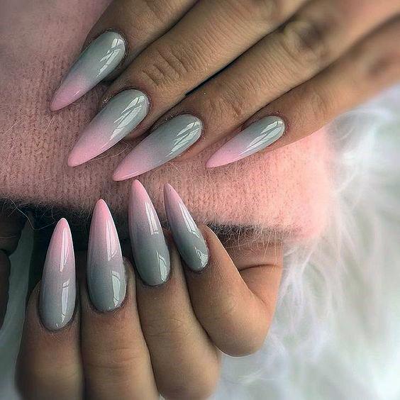 Sharp Grey And Pink Ombre Nails