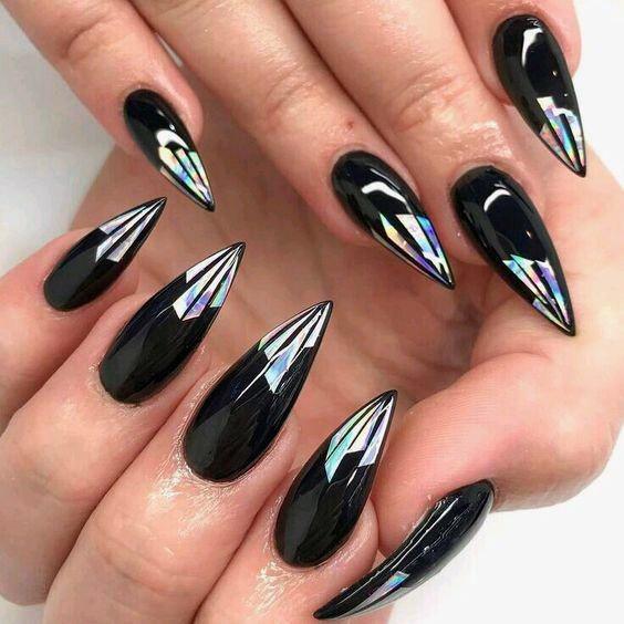 Sharp Hologram Effect On Long Black Nails Women