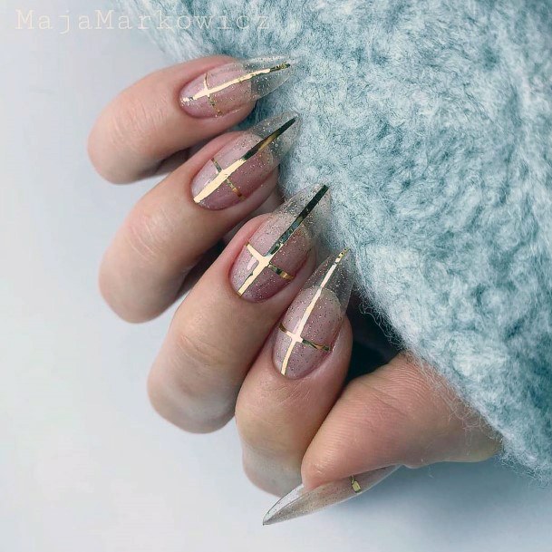 Sharp Lined Designs On Transparent Nails For Women