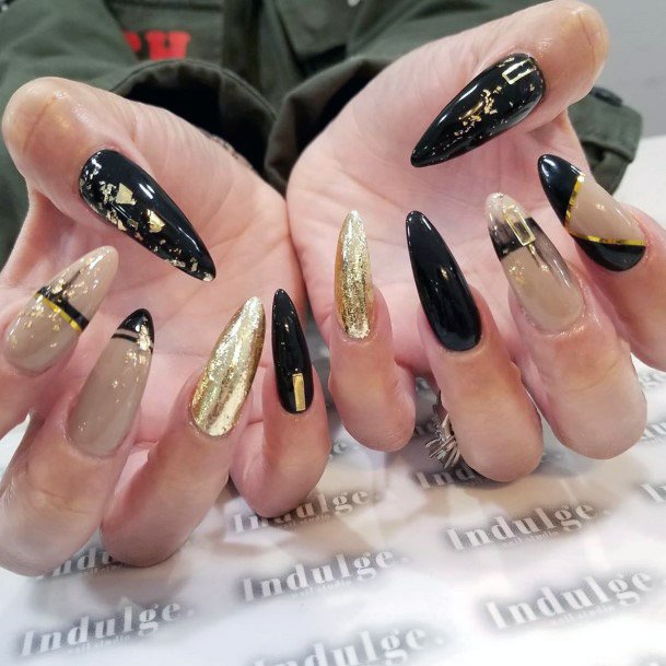 Sharp Long Black And Gold Nail