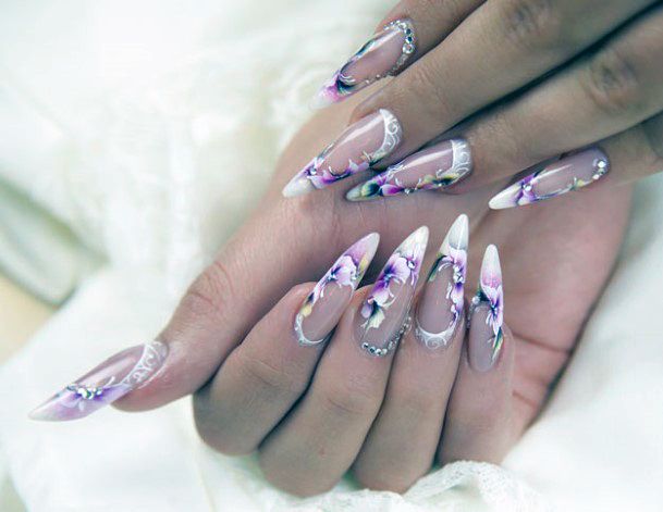 Sharp Orchid Design On Transparent Nails