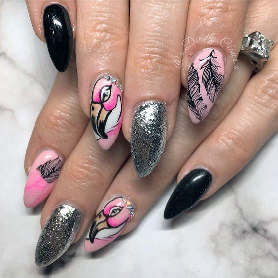 Shining Silver And Black With Pink Beaked Flamingo Nails Women