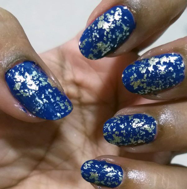 Shining Silver Foil On Blue Nails Women