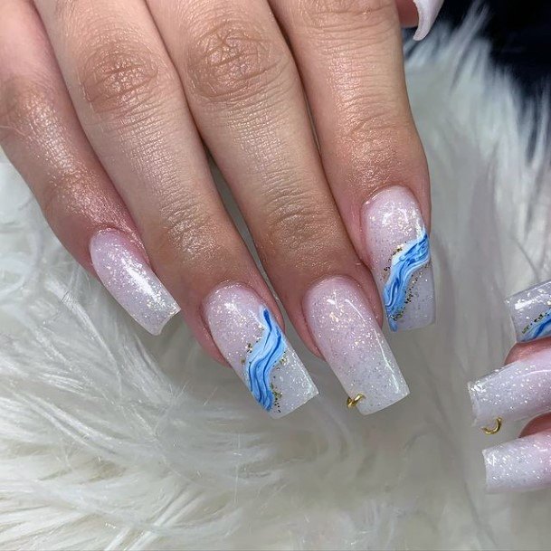 Shining White And Water Blue Designed Nails Women