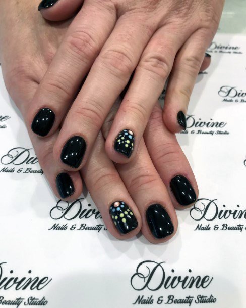 Shiny Black Short Nails Colorful Polka Dot Inspiration For Ladies
