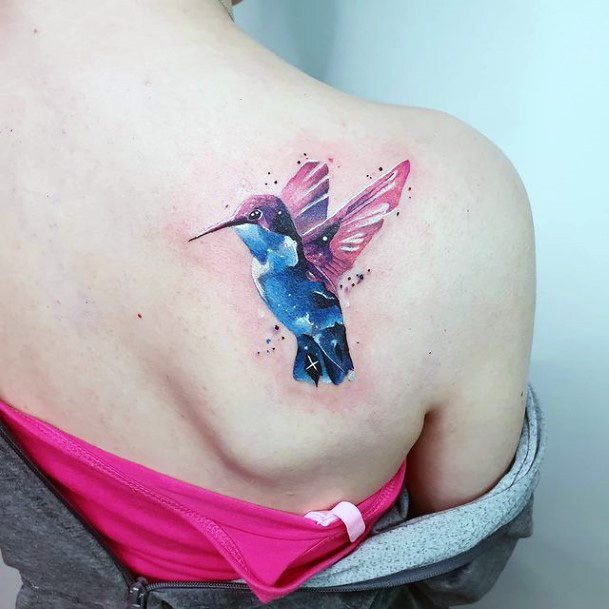 Shiny Blue Hummingbird With Pink Wings Tattoo Womens Back