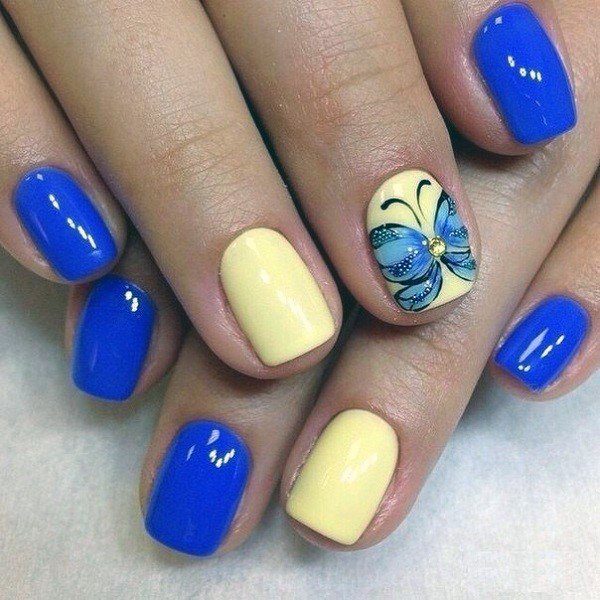 Shiny Blue With Pale Yellow Nails Butterfly Art For Women