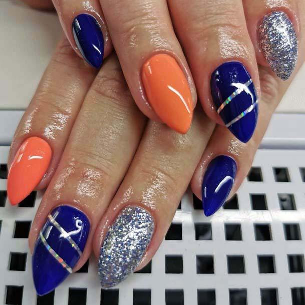 Shiny Dark Blue And Orange With Silver Nails For Women