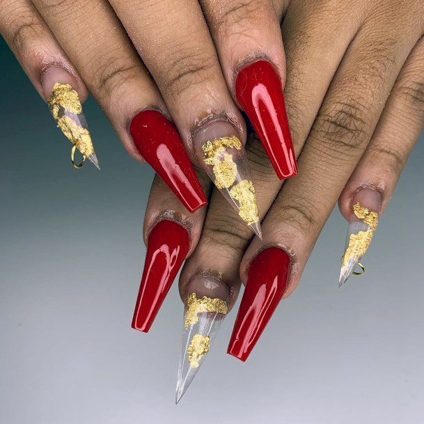 Shiny Gold And Red Nails Women