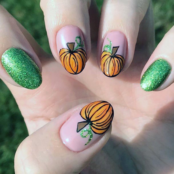 Shiny Green Nails With Pumpkin Tips For Women