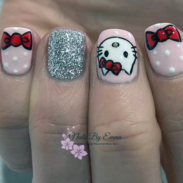 Shiny Grey Accented Hello Kitty Nails