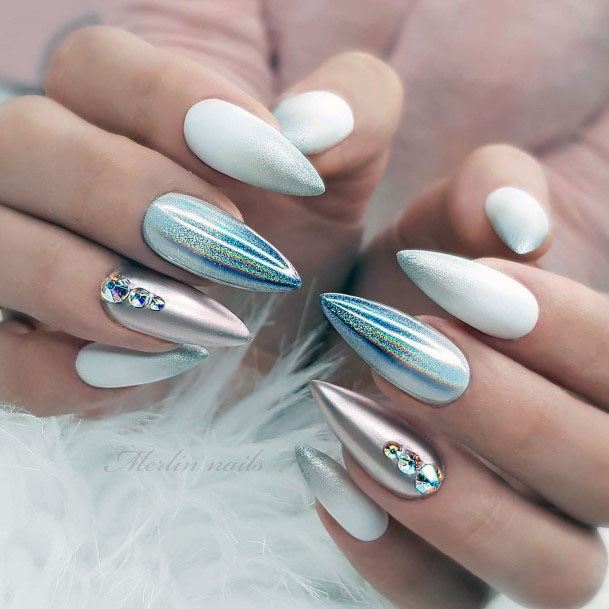 Shiny Hologram White Gel Nails With Stones