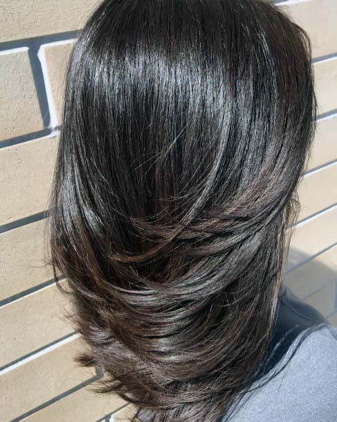 Shiny Jet Black Hair Shoulder Length With Layered Effect