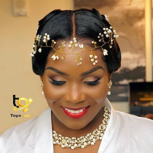Shiny Middle Parted Wedding Hairstyles For Black Women With Jewels