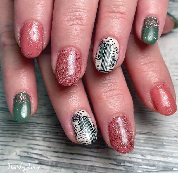 Shiny Pink And Green Cactus Nails Women