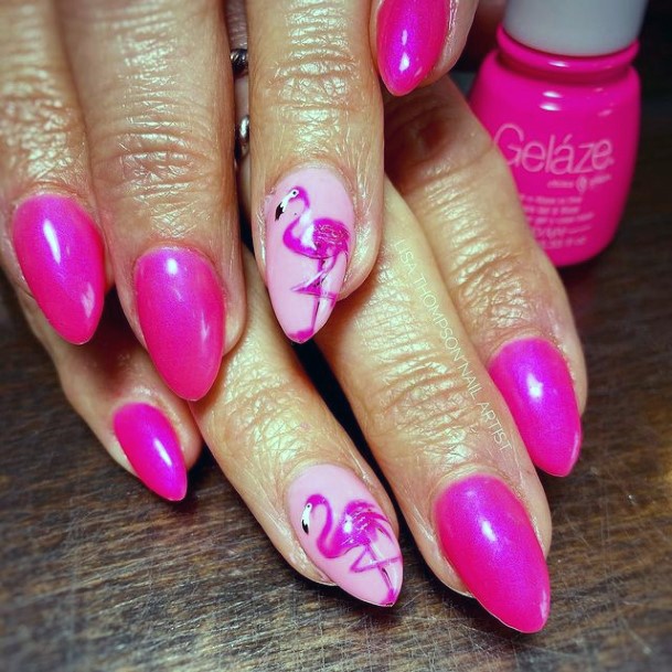 Shiny Pink Flamingo Nails Women