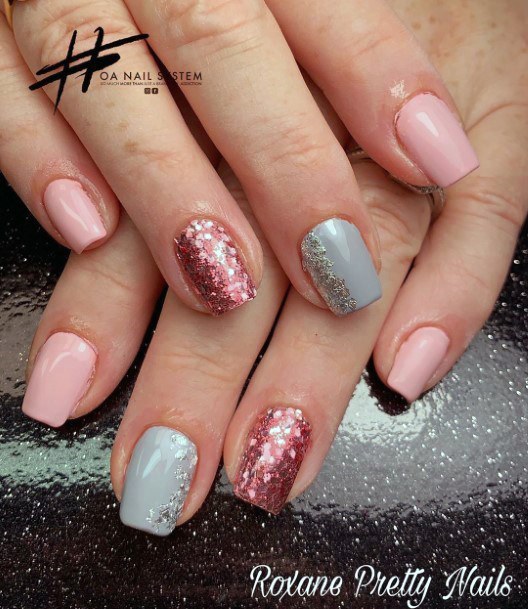 Shiny Red Accent Pink And Grey Nails For Women