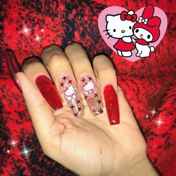 Shiny Red Hello Kitty Nails