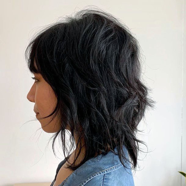 Shiny Textured Black Layered Shag Bob Womens Hairstyle Idea