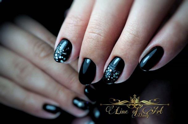 Short Black Nails Silver Glitter Tip Design Ideas For Women