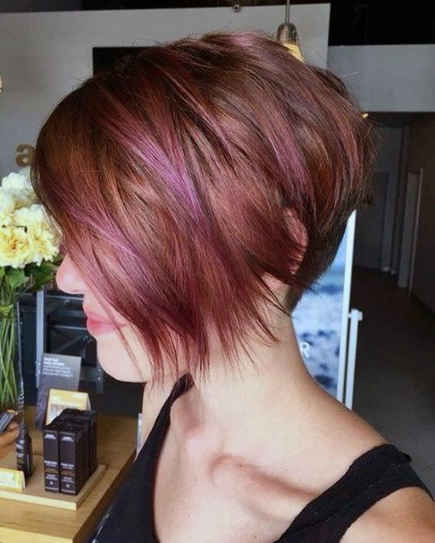 Short Bob With Dark Underside And Raspberry Highlights And Razor Back