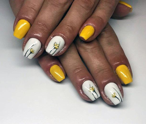 Short Cute Ballerina Floral Design White And Yellow Nails For Girls