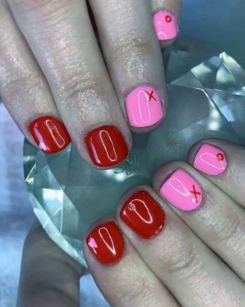 Short Glossy Red And Pink Nails For Women