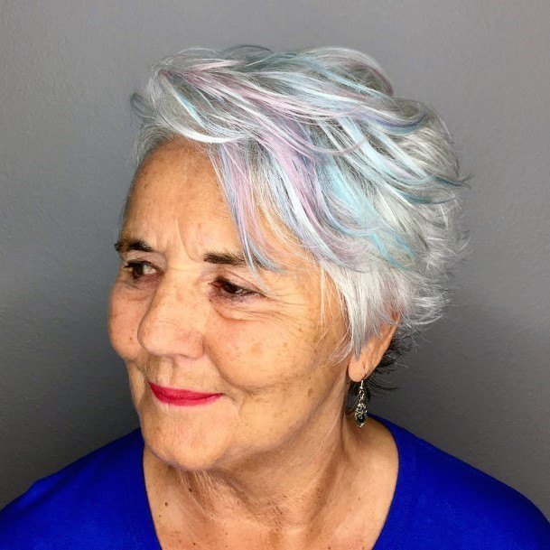Short Hairstyles For Older Women Fun Pink Blue Highlights