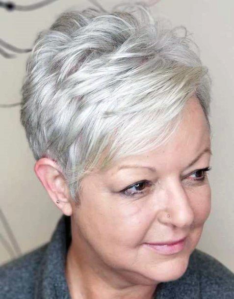 Short Hairstyles For Older Women Side Part Pixie Grey