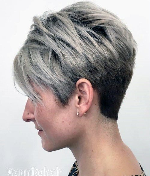 Short Length Razor Cut Shaggy Icy White Hair On Woman