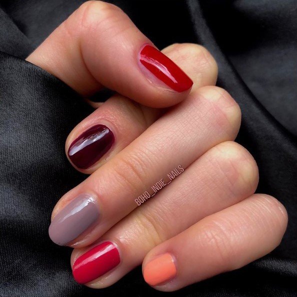 Short Nails With Block Red And Purple Toned Shades For Women