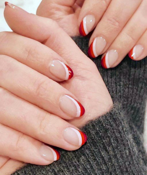 Short Nails With Curved French Manicure Red Tips For Women