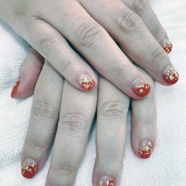 Short Nails Women Red And Gold