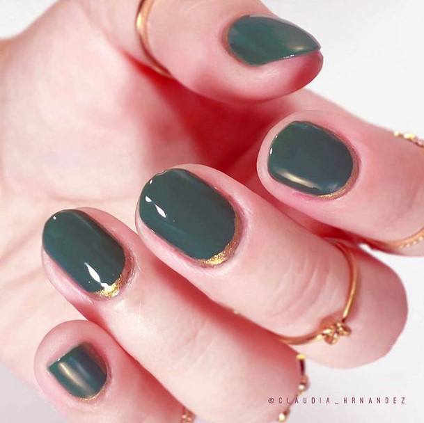 Short Smooth Green Nails With Gold Borders Women