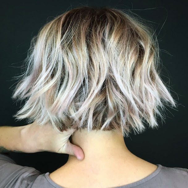 Short Wavy Textured Bob On Female With Brown To Icy Grey Hair