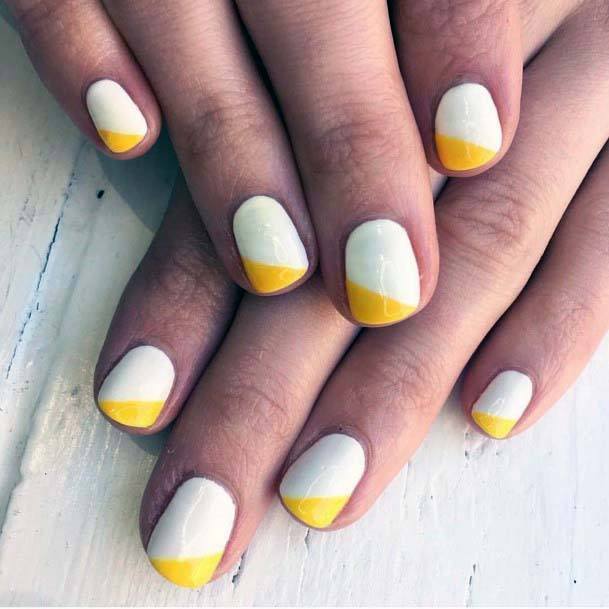 Short White Nails With Angled Yellow Bright For Women