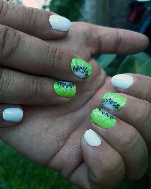 Short White Nails With Kiwi