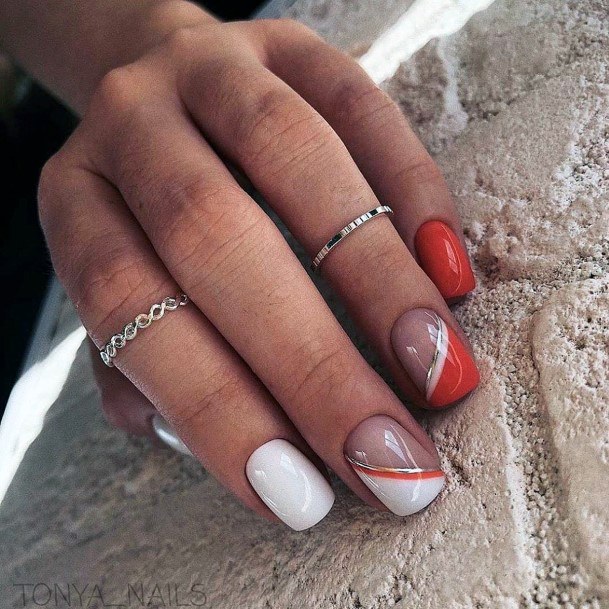 Short White Nails Women With Orange Art